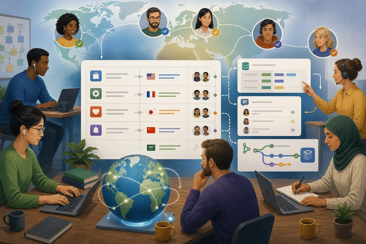 Illustration for Crowdin: localization team coordinates language versions and review paths
