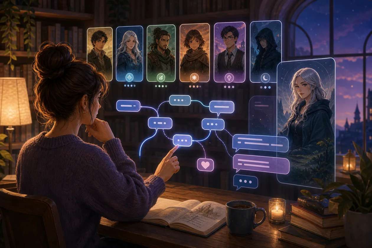 Illustration for CrushOn: user explores fictional AI characters and dialogue branches