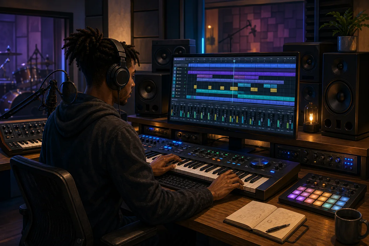 Illustration for Cubase: music producer arranges tracks, instruments, and mixer signals