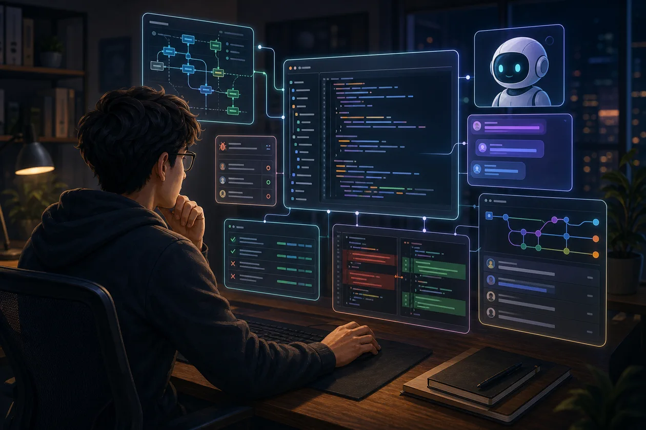 Illustration for Cursor: developer navigates a codebase, tests, and AI suggestions