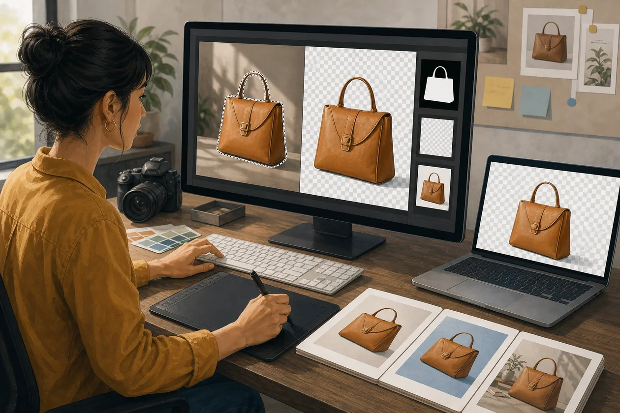 Illustration for Cutout: designer cuts out subjects and checks masks on a transparent background