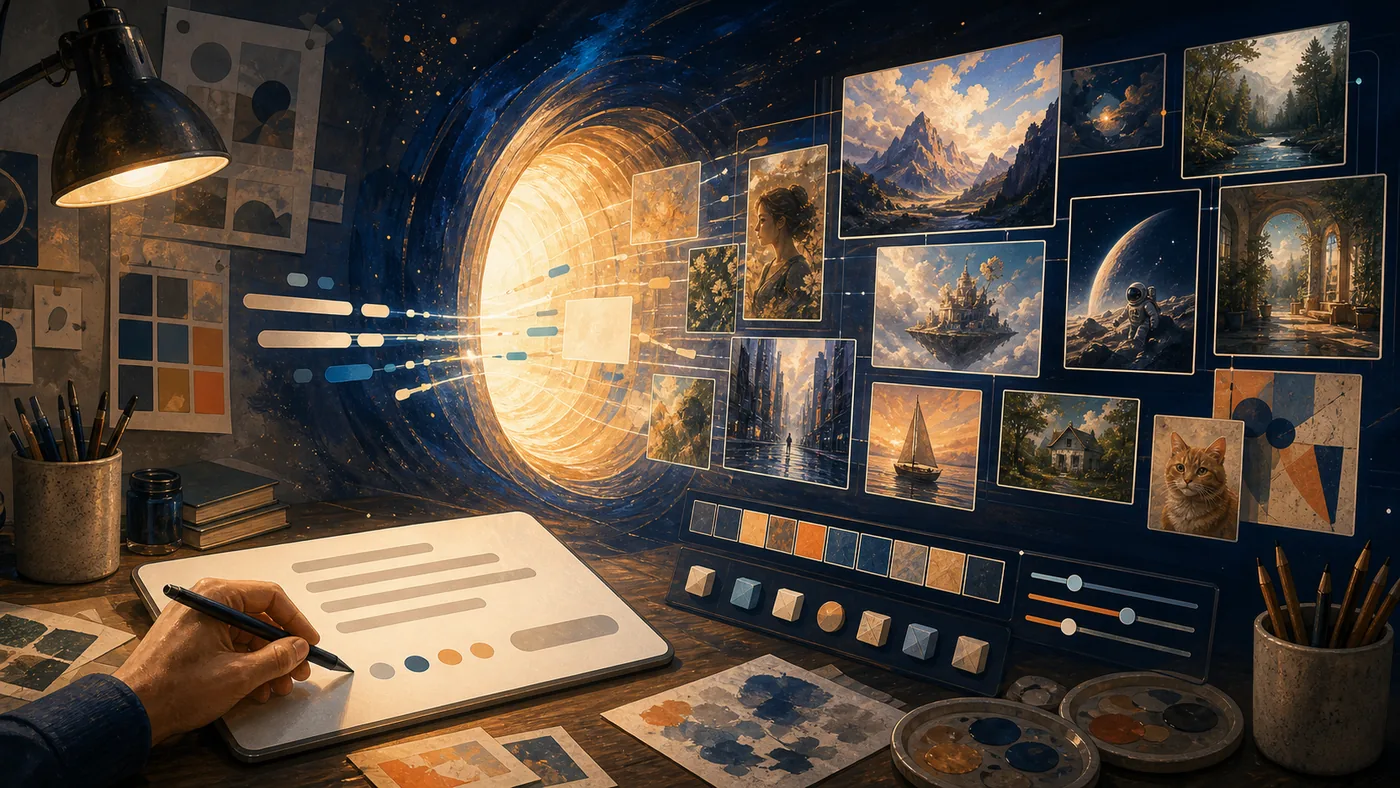 Illustration for DALL-E: an idea opening a studio of image variants and visual drafts