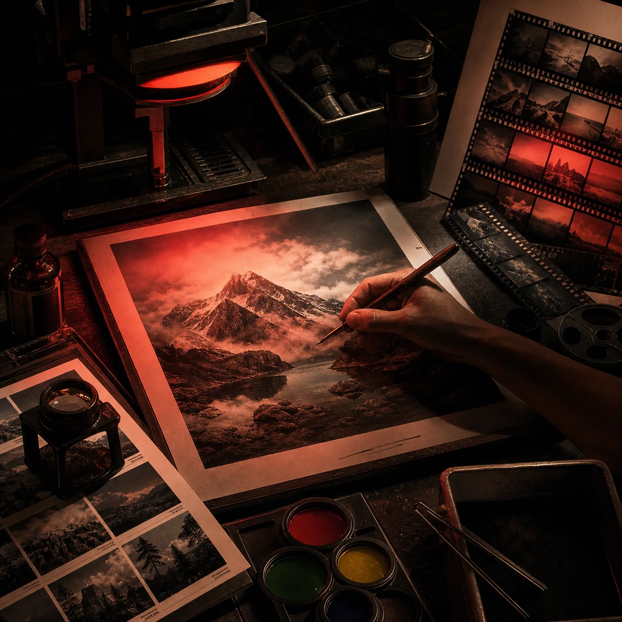 Illustration zu Darktable: Dunkelkammer-Tisch mit Kontaktboegen, Filtern und Landschaftsabzug