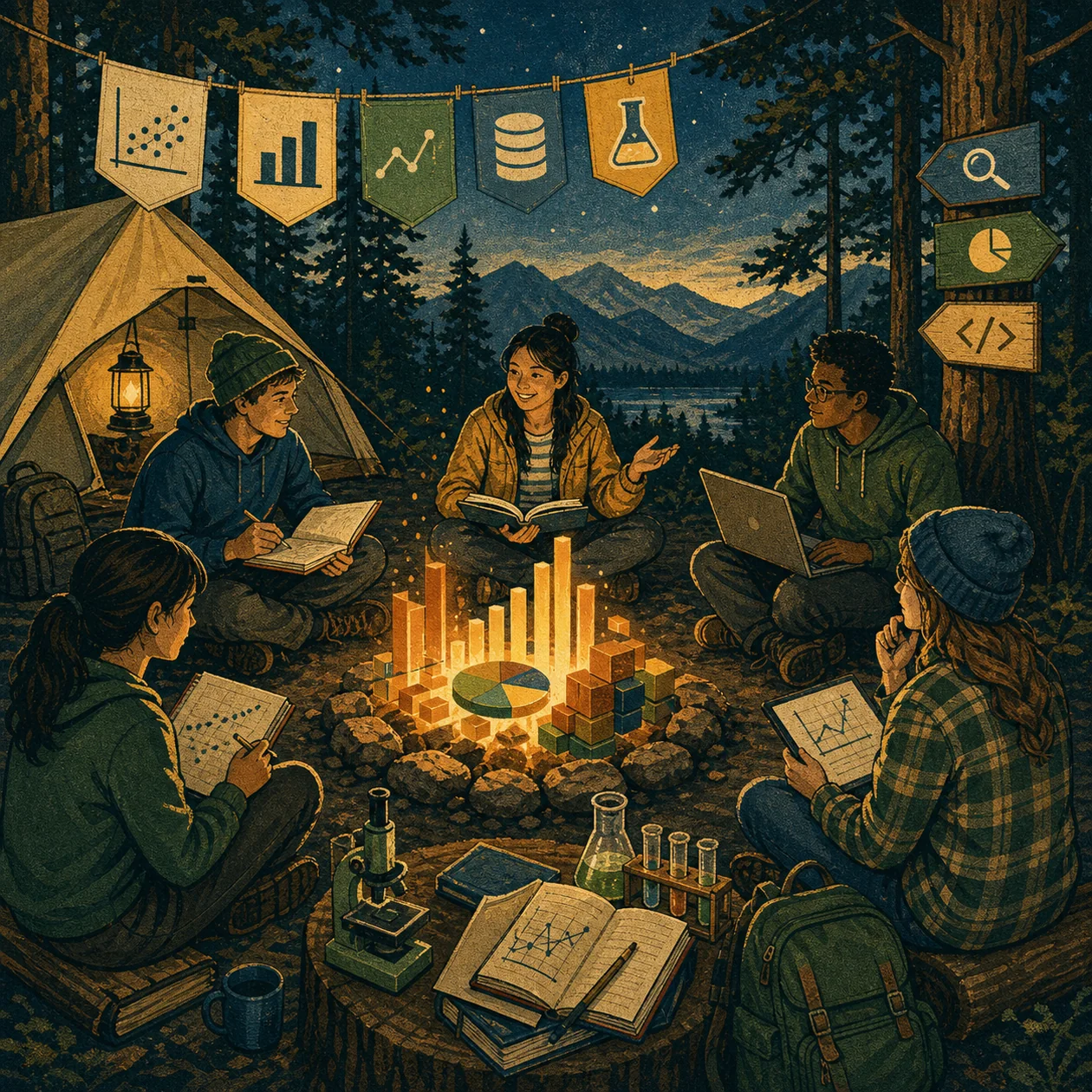 Illustration zu DataCamp: Lerncamp mit Datenfeuer, Notizbüchern und Analysezeichen