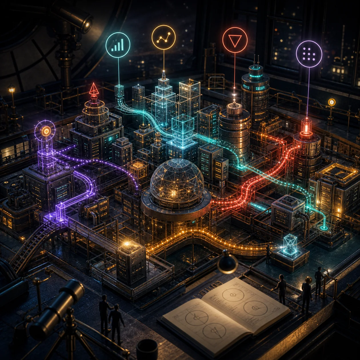 Illustration zu Datadog: Observability-Stadtmodell mit farbigen Telemetrie-Spuren
