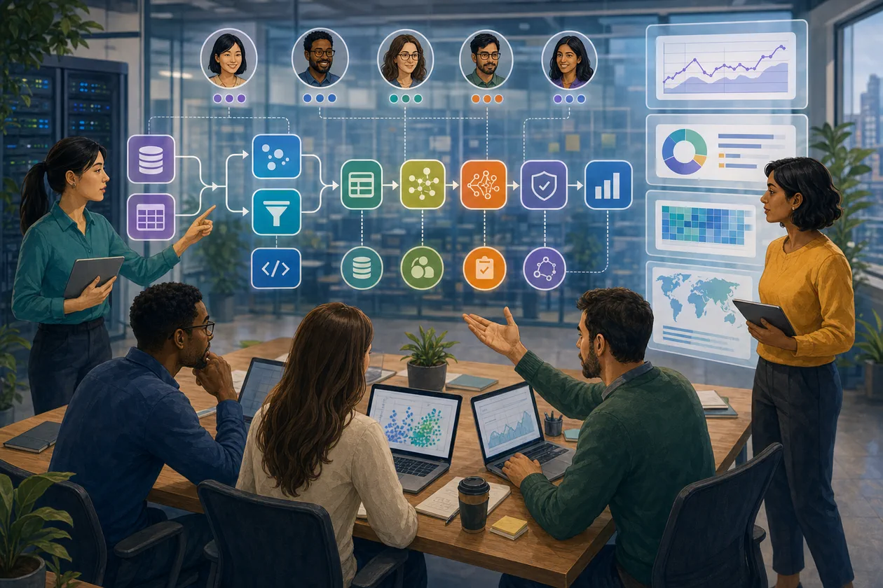 Illustration for Dataiku: data science team connects raw data, models, and governance