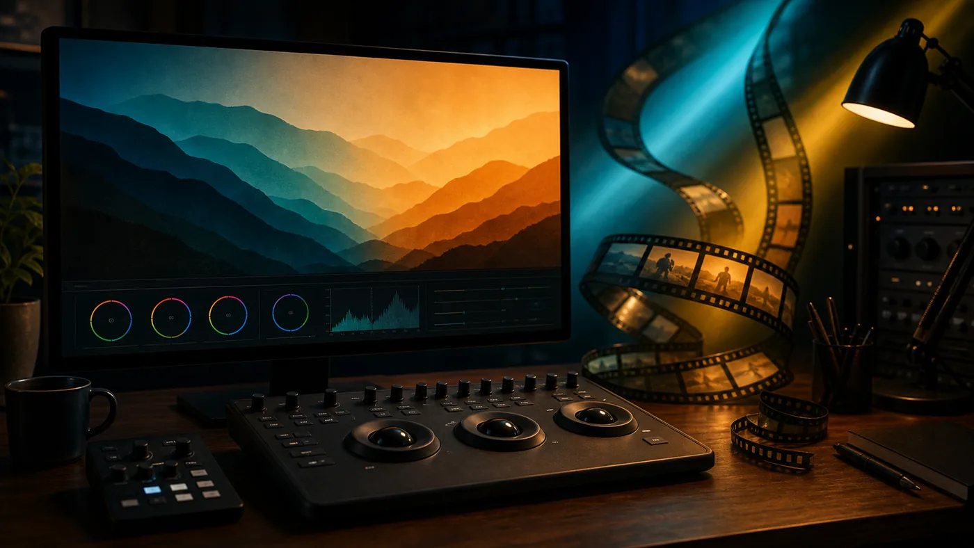 Illustration zu DaVinci Resolve: Color-Grading-Suite mit Filmstreifen und Lichtfarben