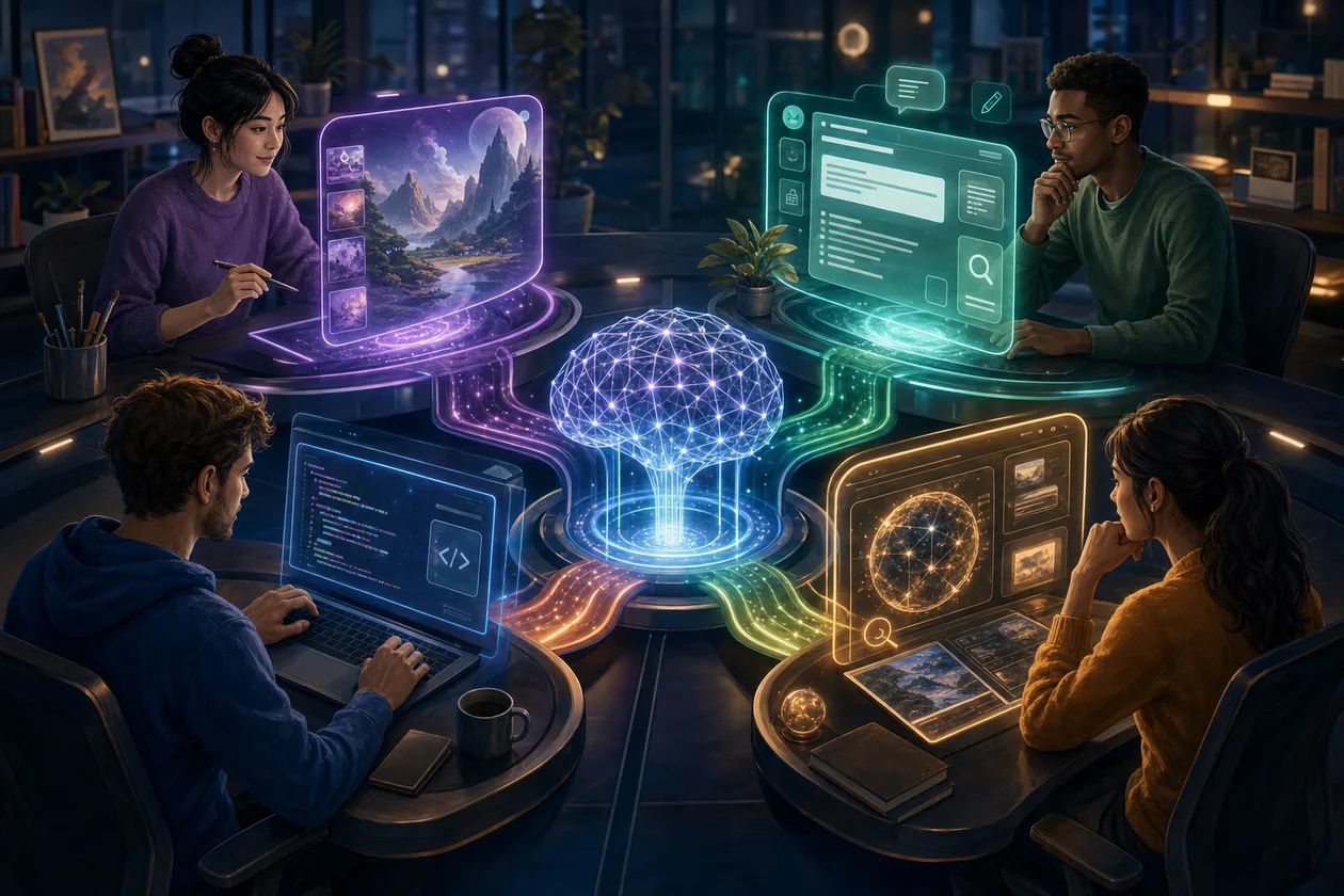 Illustration for Deep AI: creators and analysts use several AI tools around a model core