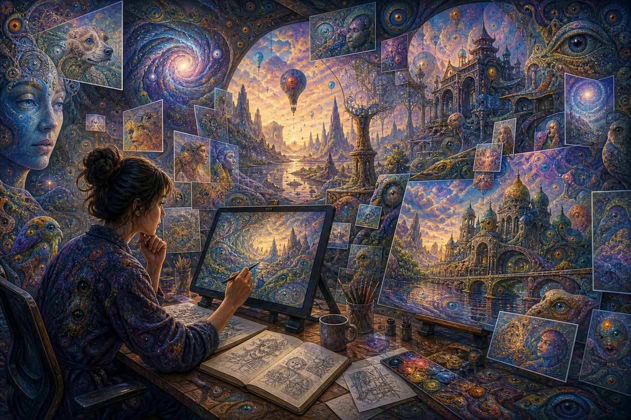 Illustration for Deep Dream Generator: surreal image ideas emerge from sketches and neural patterns