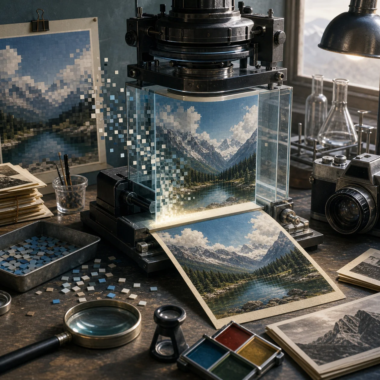 Illustration zu Deep Image: Fotolabor, in dem unscharfe Bilder zu klaren Prints werden