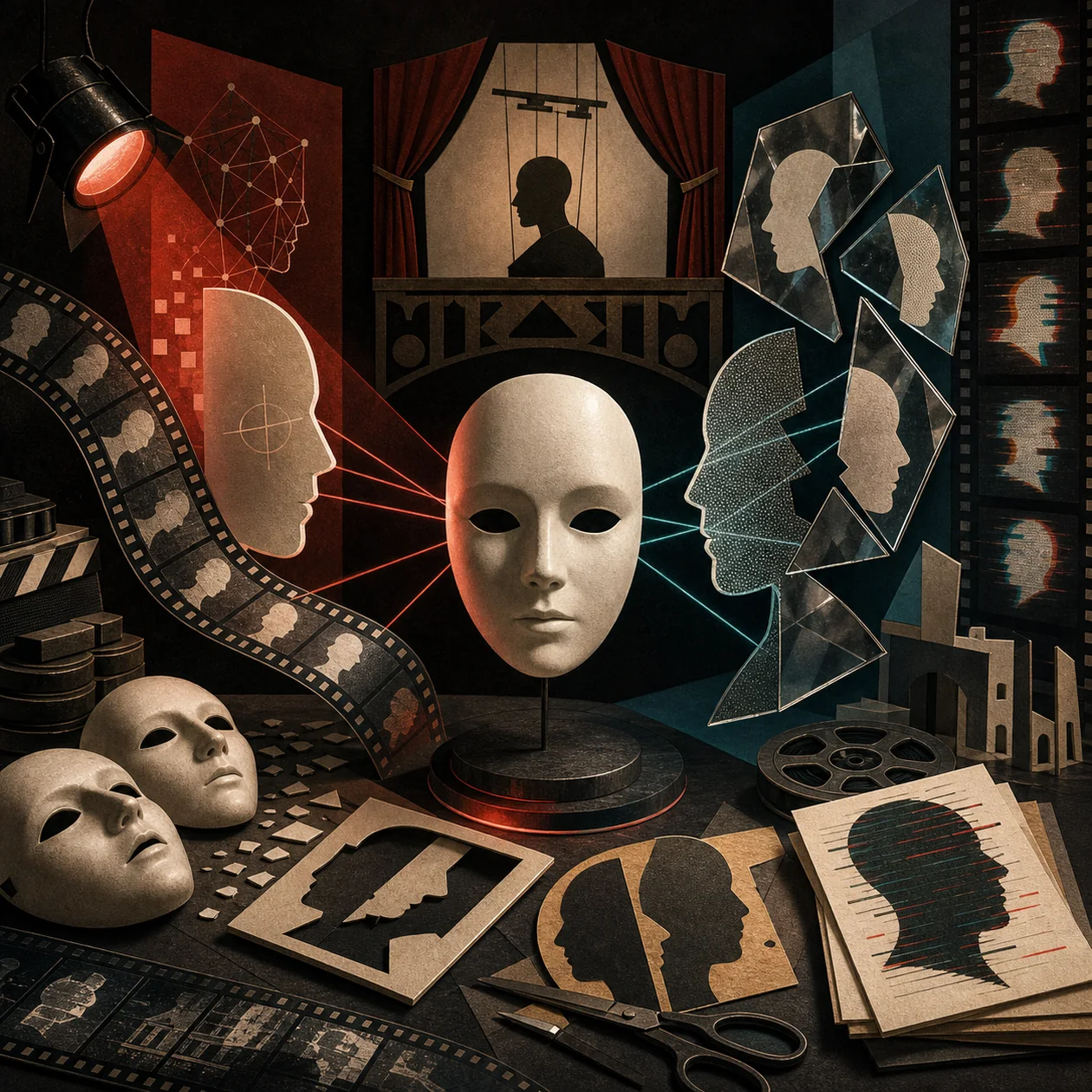 Illustration for Deepfake: anonymous masks, film strips, and synthetic image layers