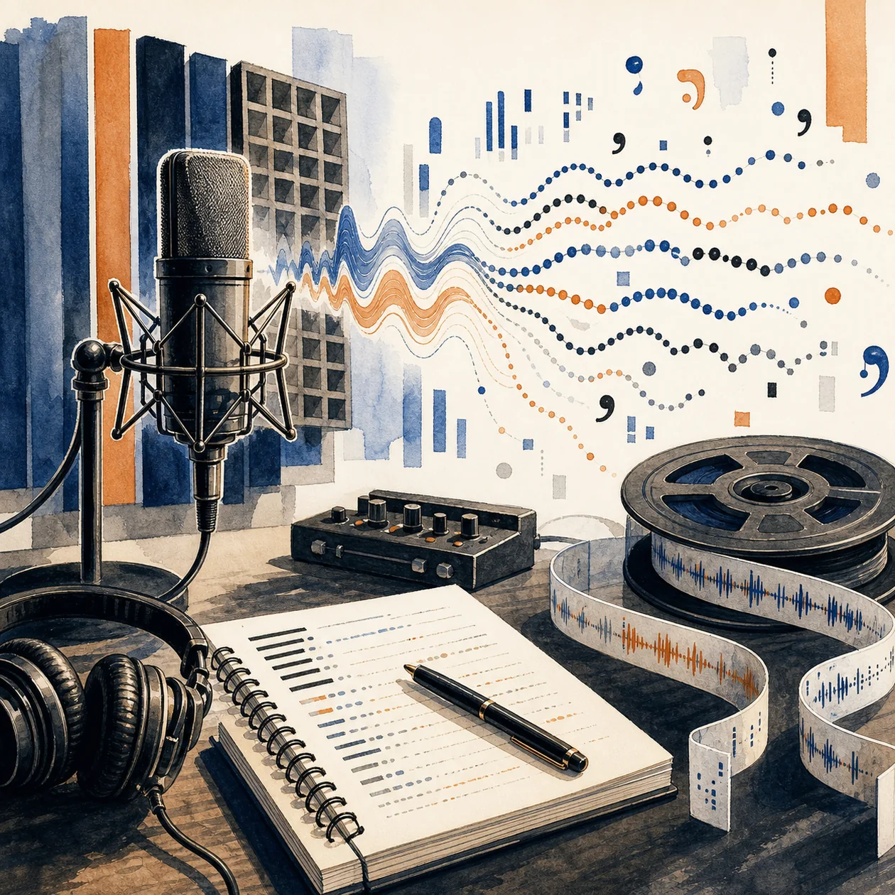 Illustration for Deepgram: microphone with audio waves turning into structured signals