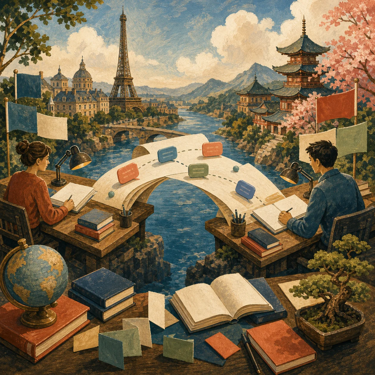Illustration for DeepL: paper bridge between languages and desks