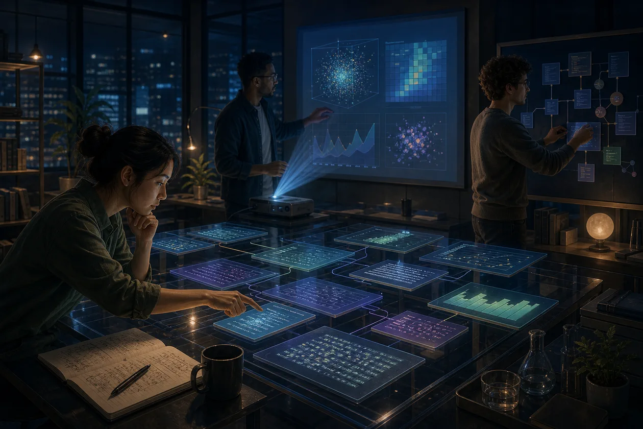 Illustration for Deepnote: analysts work in a notebook lab on reproducible experiments