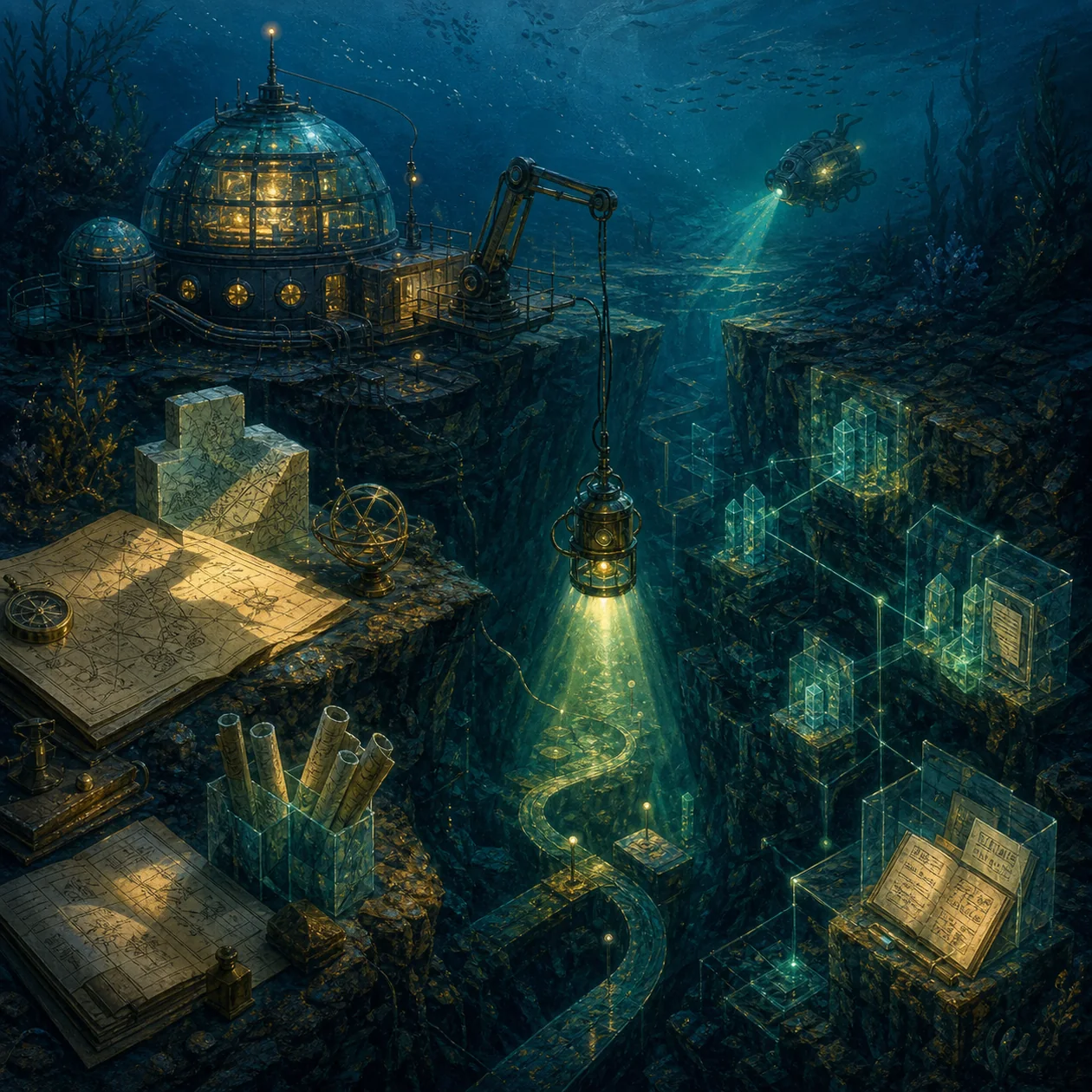 Illustration for DeepSeek: underwater research station with glowing knowledge paths