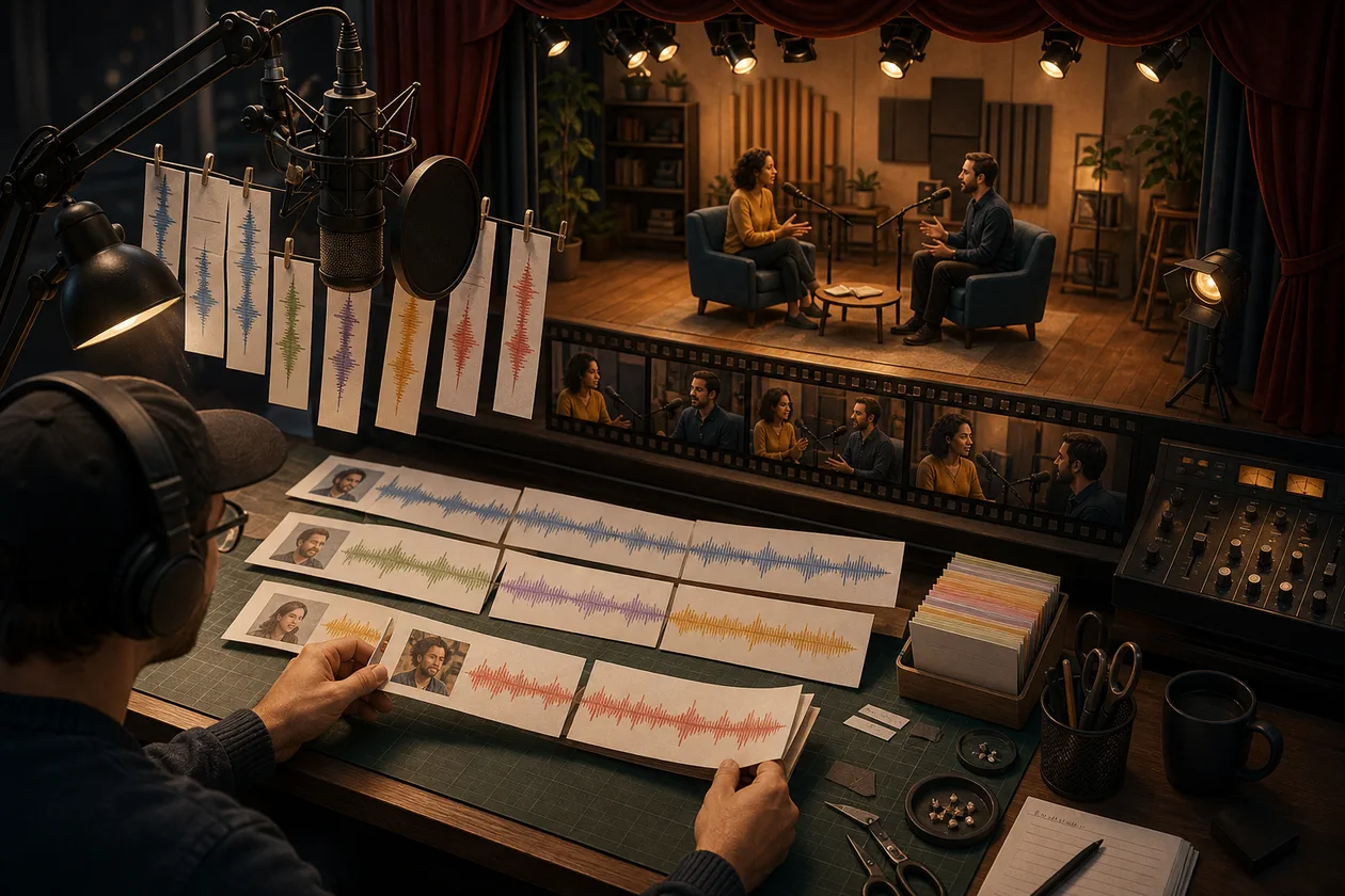 Illustration for Descript: podcast editor cuts speech, waveforms, and video frames in an audio theater