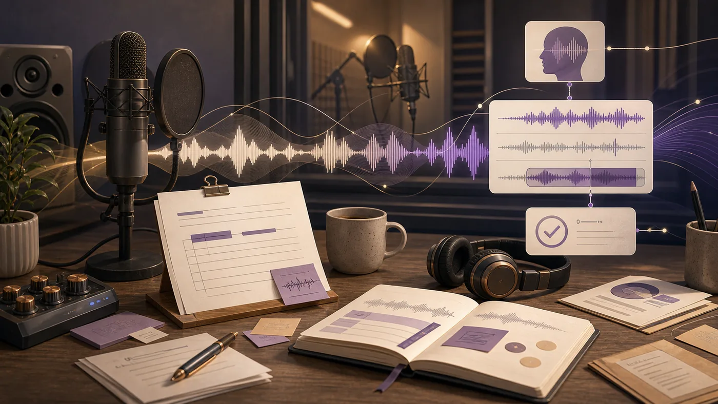 Illustration for Descript Overdub: voice waves, script pages and microphone under human review