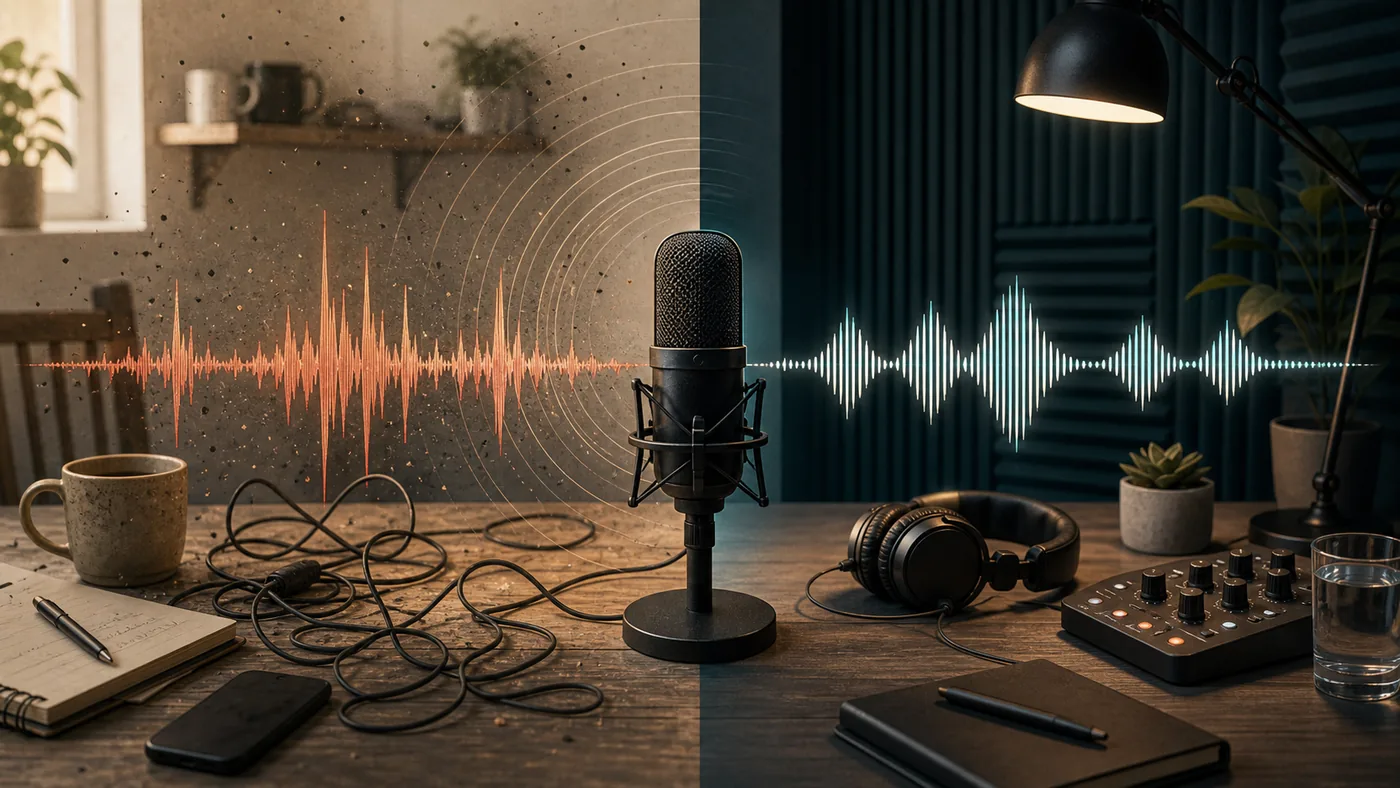 Illustration for Descript Studio Sound: rough recording becoming studio-quality voice