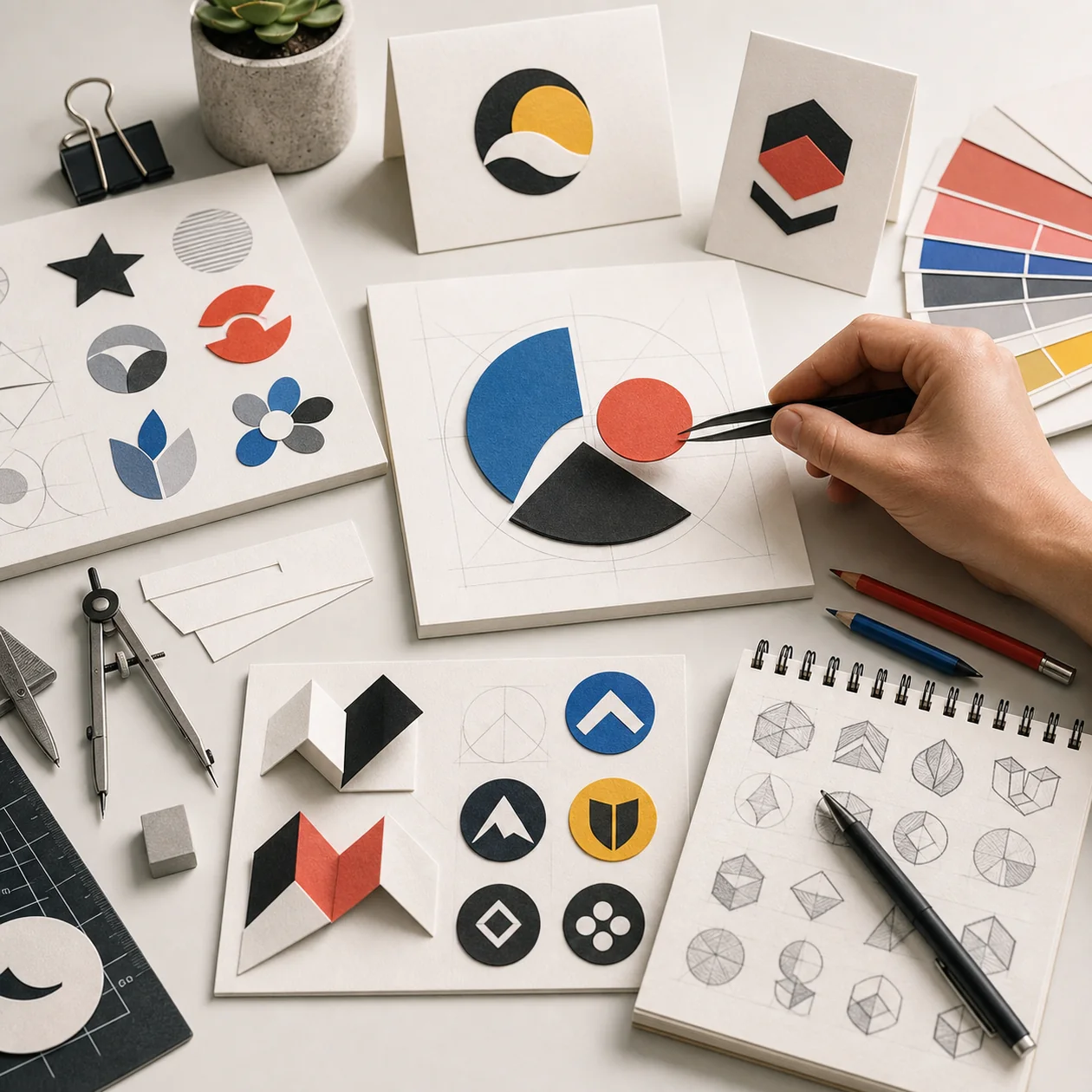 Illustration zu DesignEvo: Design-Tisch mit abstrakten Emblemen, Formen und Farbfeldern