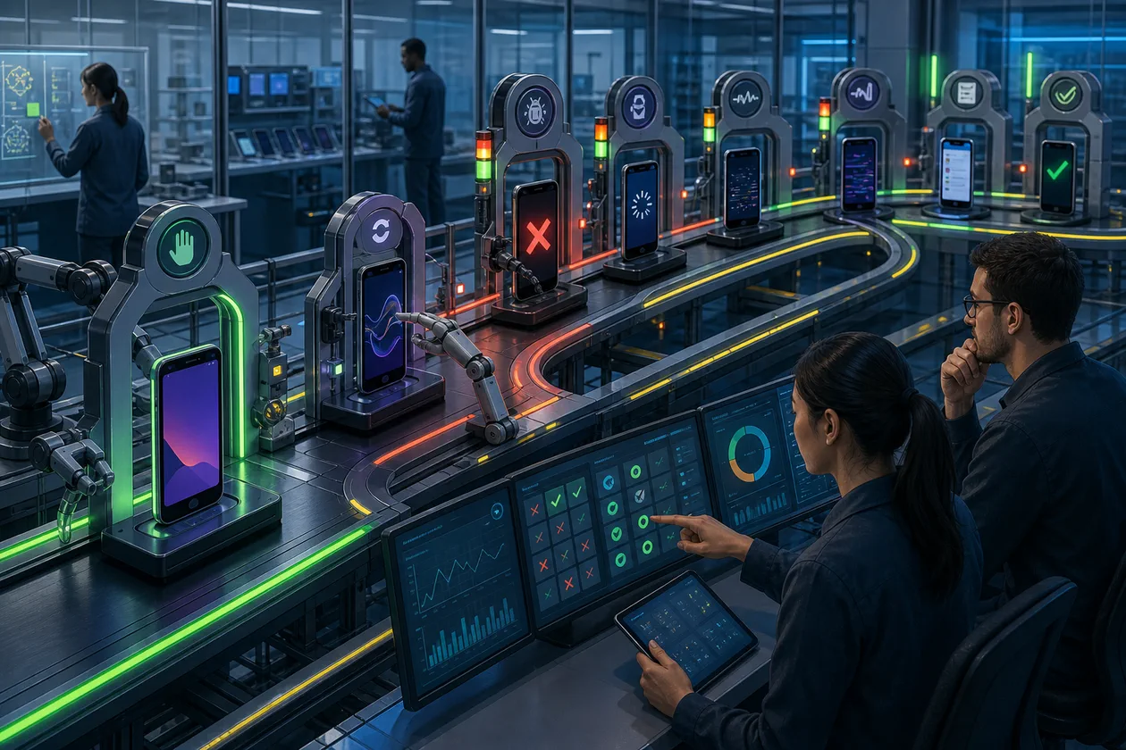 Illustration for Detox: mobile QA team runs app tests across devices and check gates