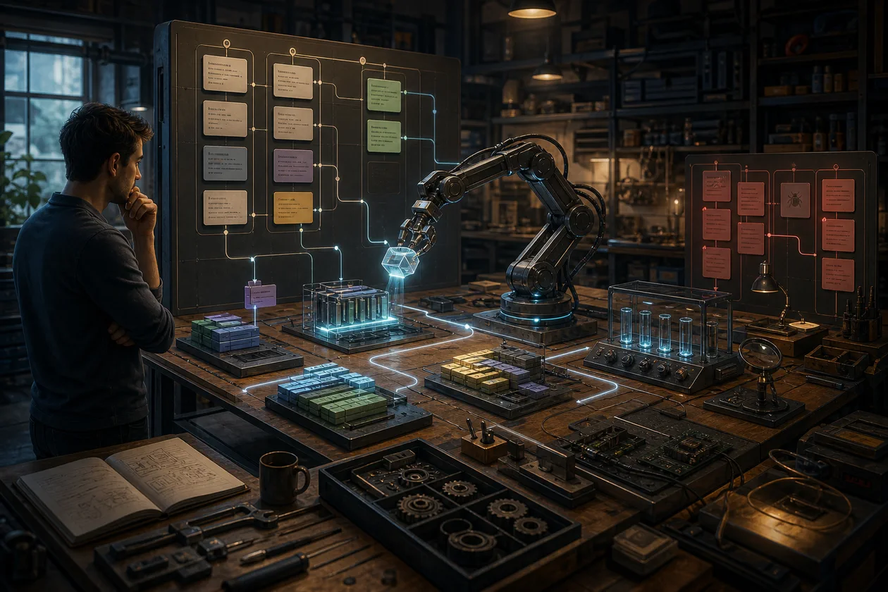 Illustration for Devin: engineering agent moves tasks between tickets, code, and a test bench