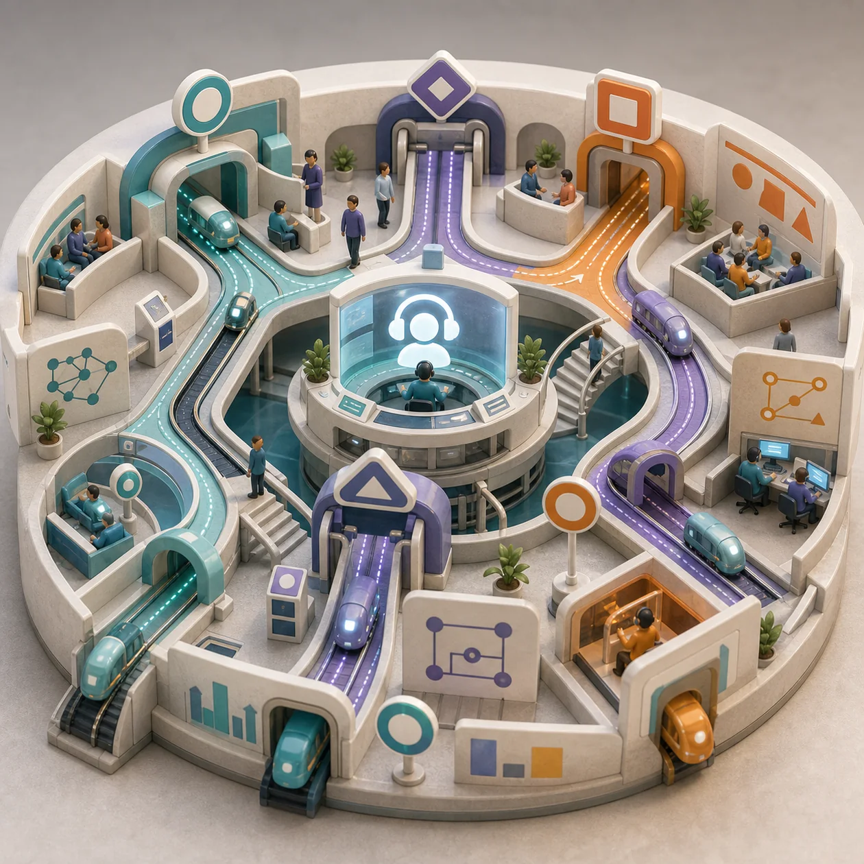 Illustration for Dialogflow CX: contact-center routes as a circular conversation station