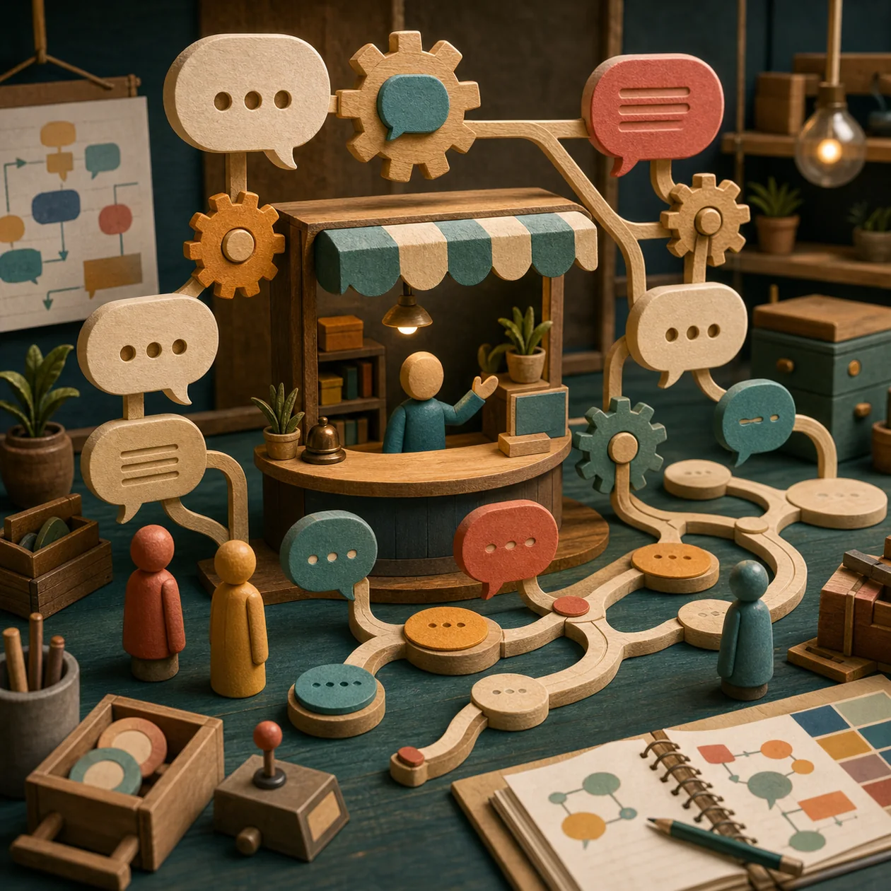 Illustration for Dialogflow: conversation workshop with speech bubbles as gears and paths