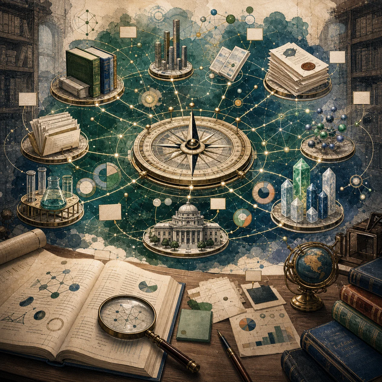 Illustration for Dimensions: research archive with citation threads and a bibliometric compass