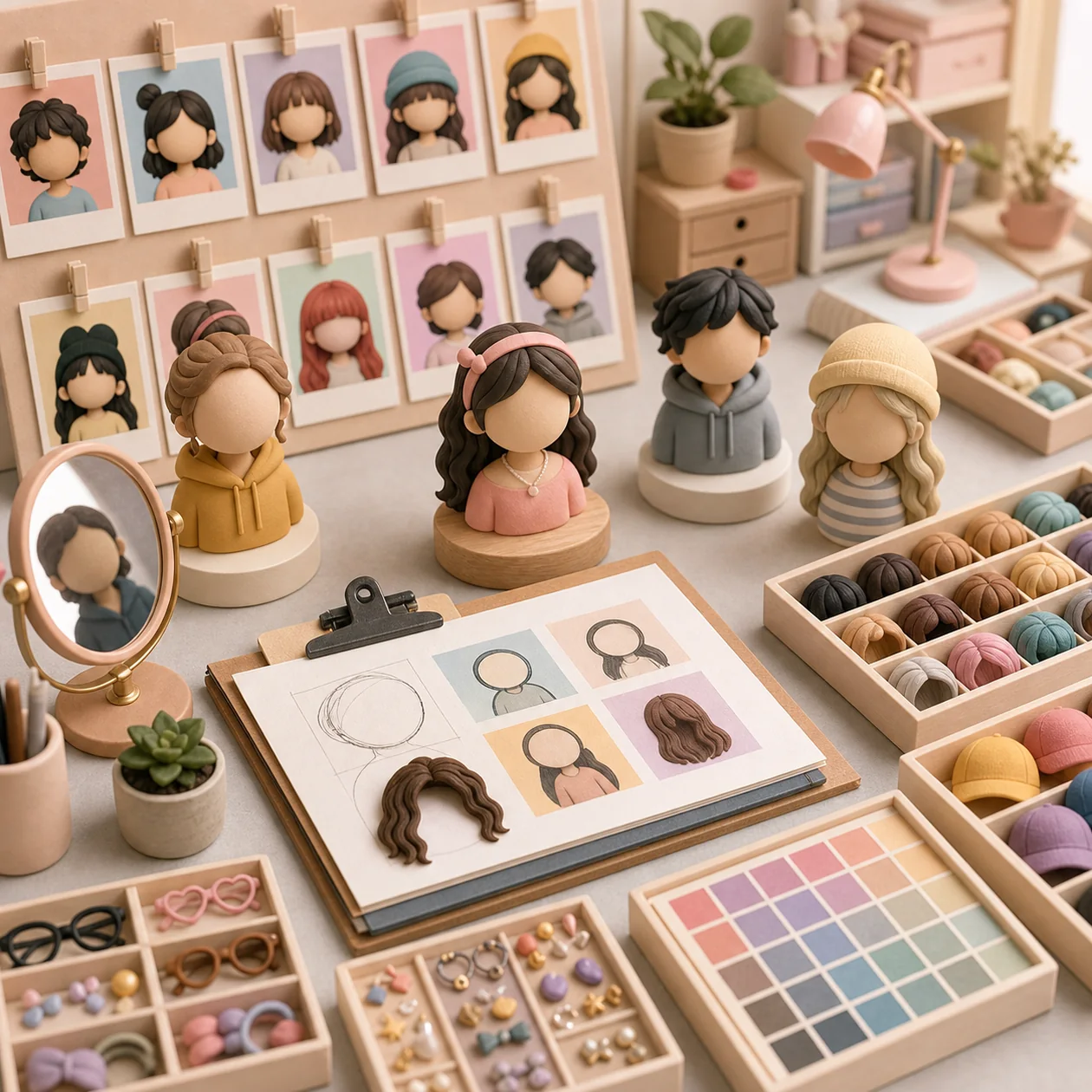 Illustration zu Dollify: Avatar-Atelier mit Gesichtsvorlagen, Accessoires und Farbfächern