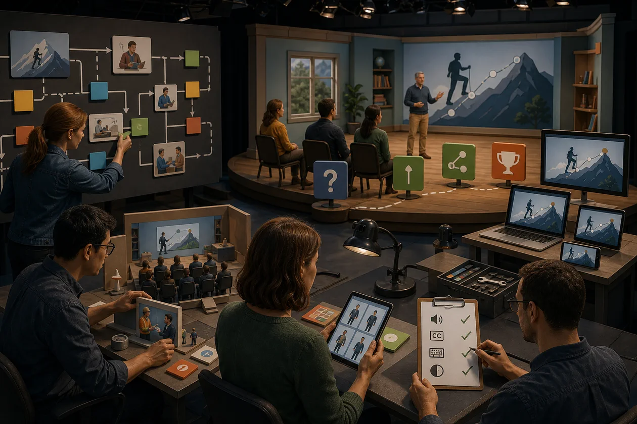 Illustration for DominKnow | ONE: instructional designers build branching learning modules on a studio stage
