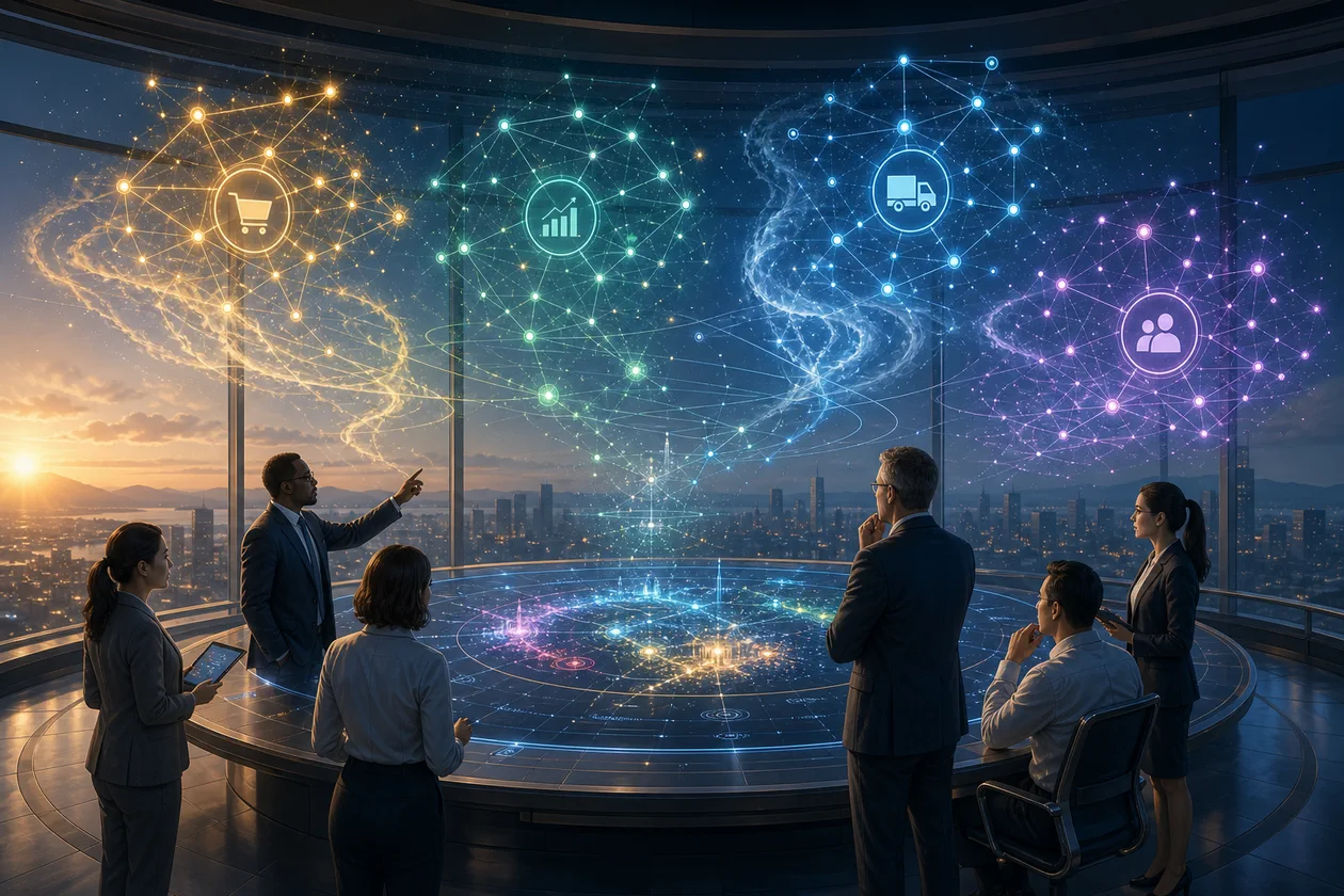 Illustration for Domo: business team reads company signals in a data observatory