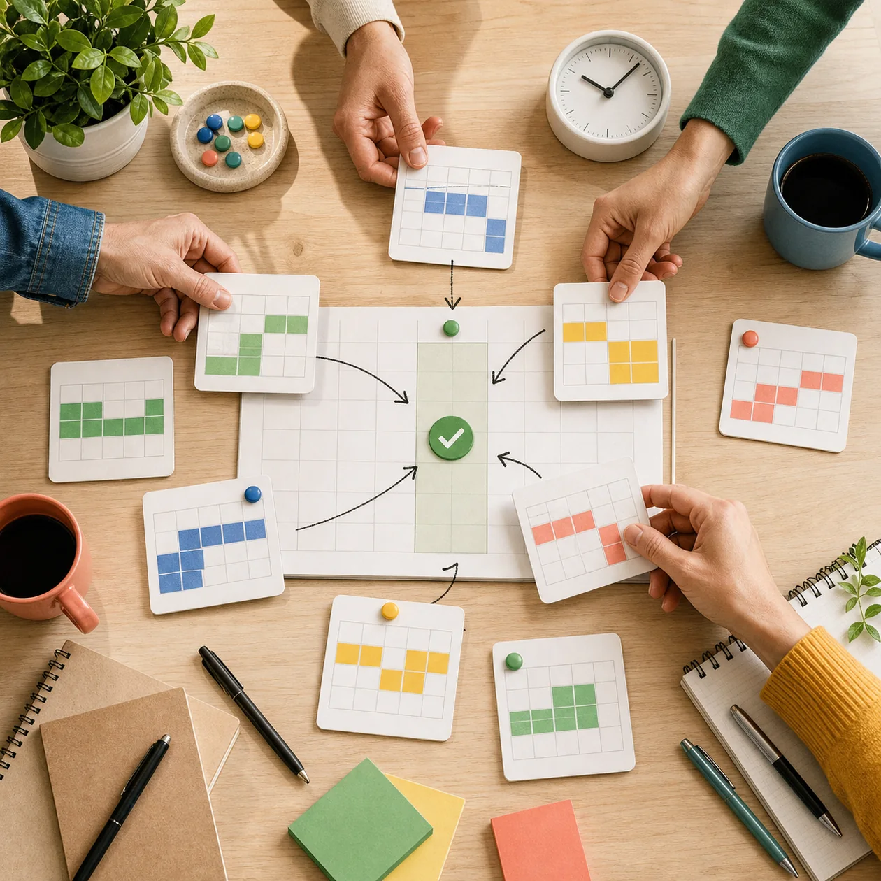 Illustration for Doodle: meeting scheduling on a table with calendar cards and time blocks
