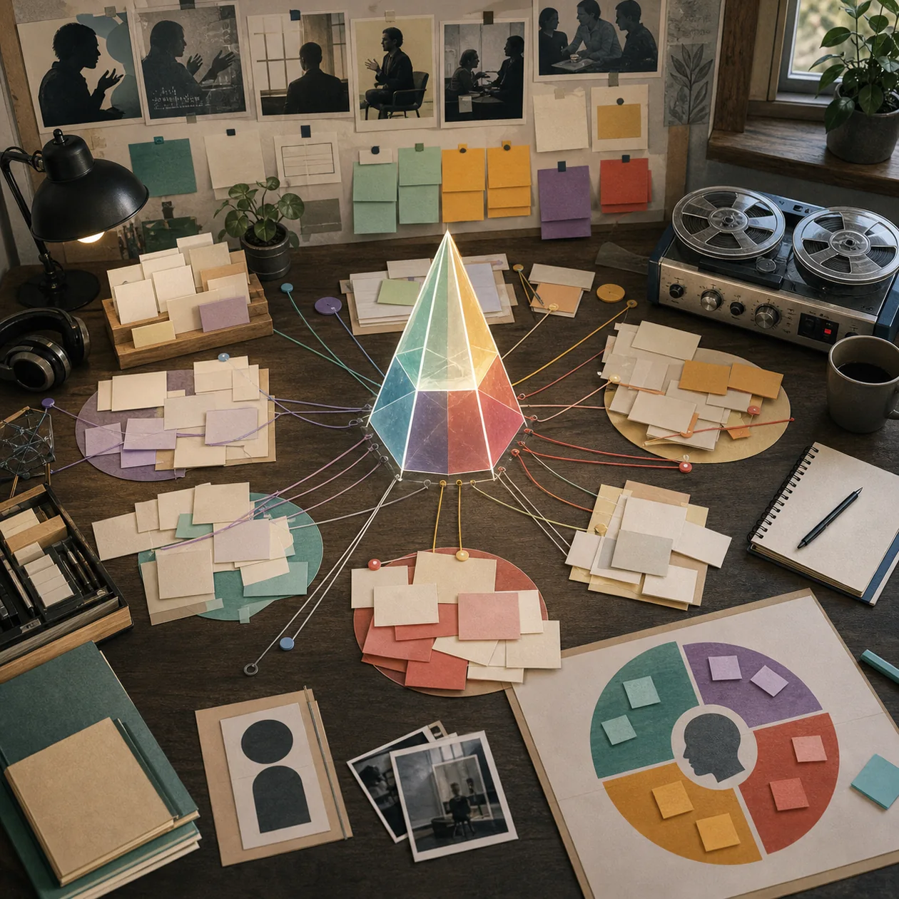 Illustration for Dovetail: research room with interview cards, clusters, and an insight prism