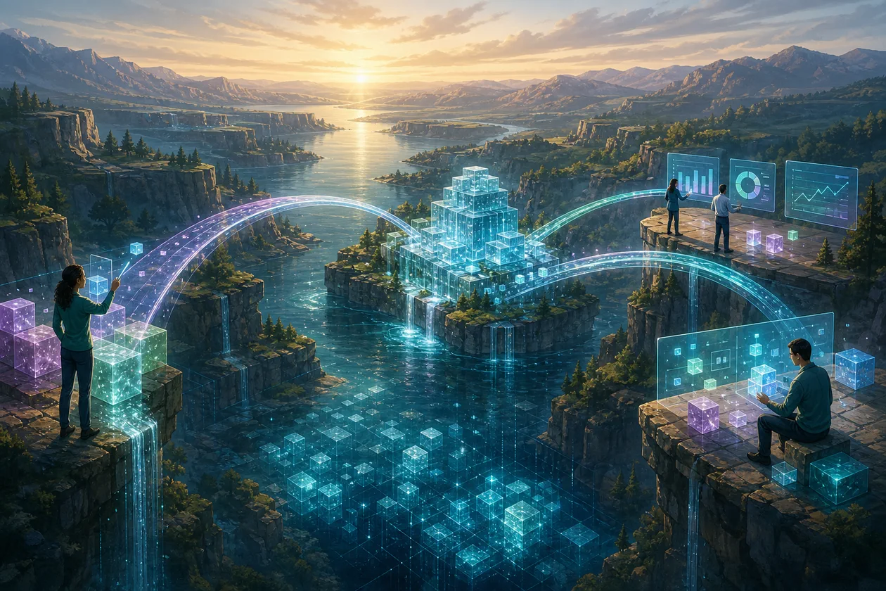 Illustration zu Dremio: Analysten bauen Abfragebruecken ueber eine offene Datenlandschaft