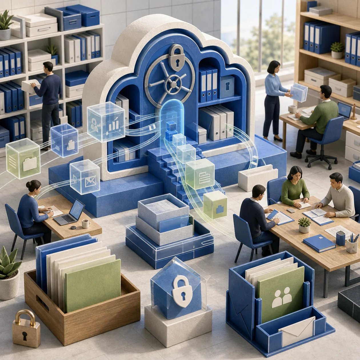 Illustration for Dropbox Business: shared cloud vault with file cubes and team trays