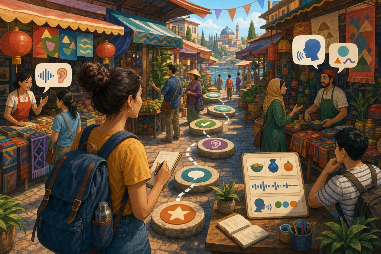 Illustration zu Duolingo: Sprachlernende folgt Uebungspfaden durch einen bunten Markt