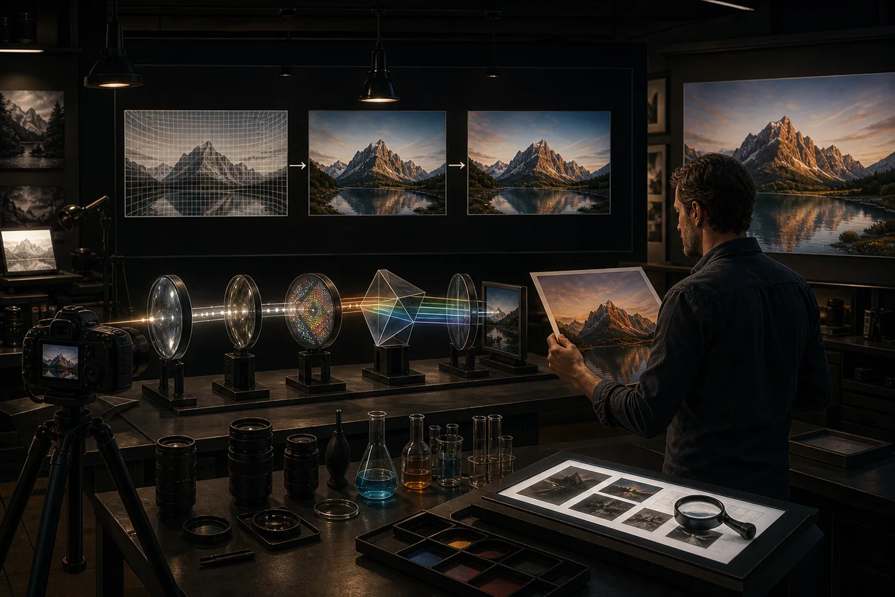 Illustration for DxO PhotoLab: photographer calibrates RAW images in a digital darkroom lab