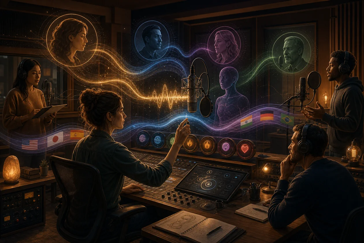 Illustration for ElevenLabs: voice team shapes narration voices with waveforms and emotion controls
