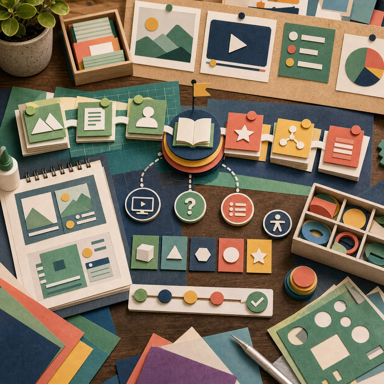 Illustration for Elucidat: course table with lesson blocks, quiz shapes, and progress beads