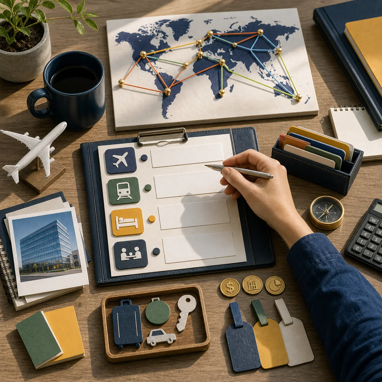 Illustration for ENGINE: travel planning table with routes, booking cards, and budget markers