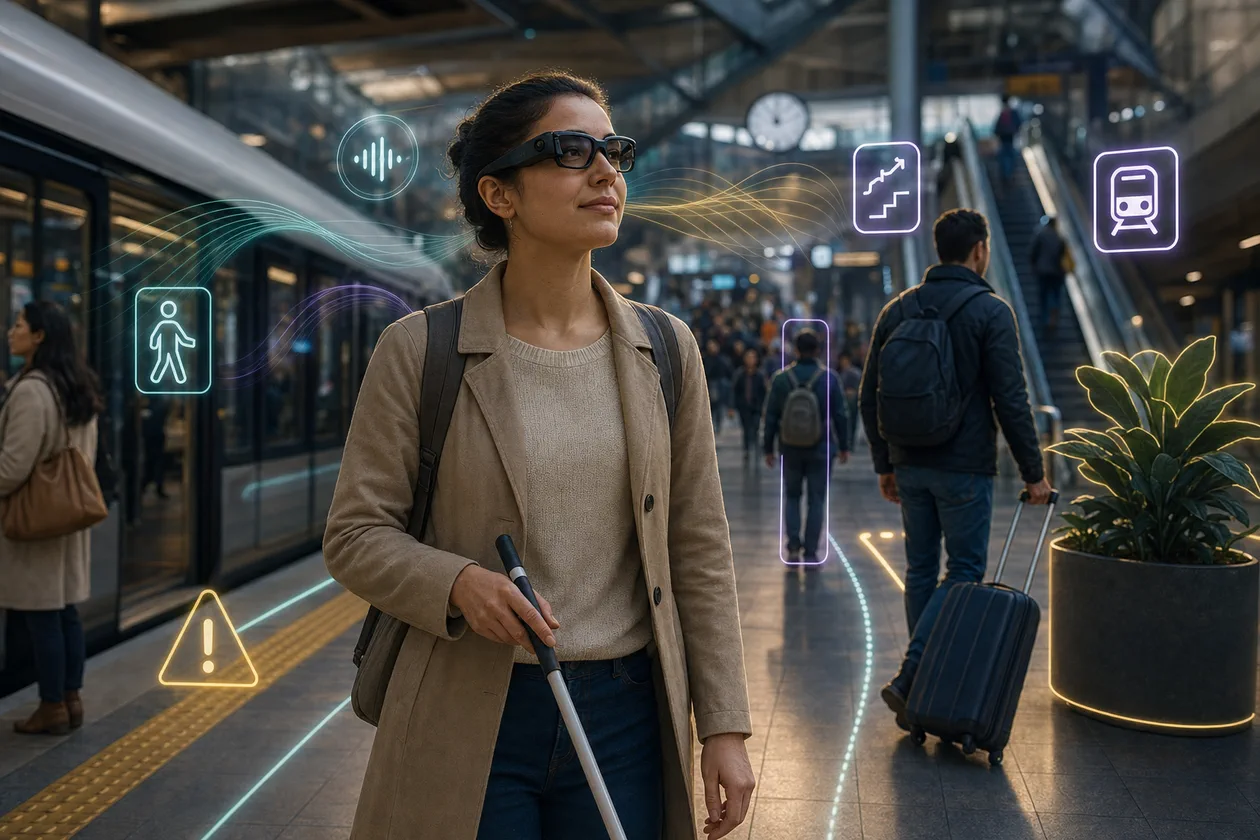 Illustration for Envision AI: person with smart glasses navigates a station with audio cues
