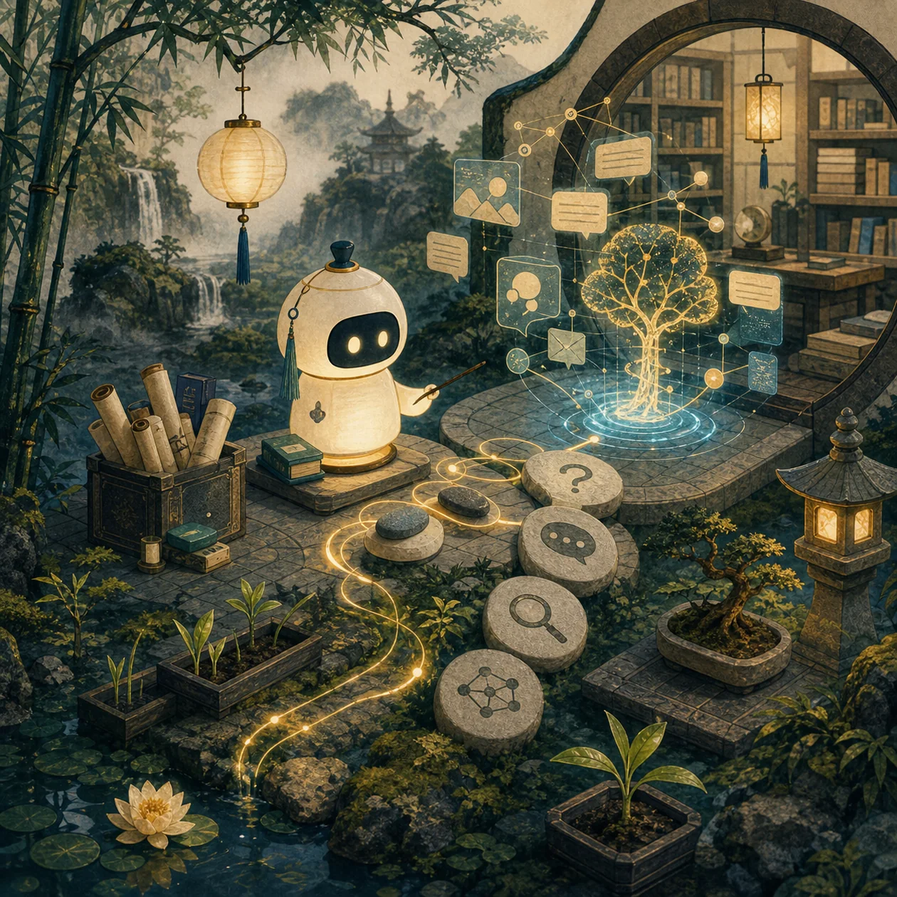 Illustration zu Ernie Bot: Bibliotheksgarten mit Assistenten-Laterne und Wissenspfaden