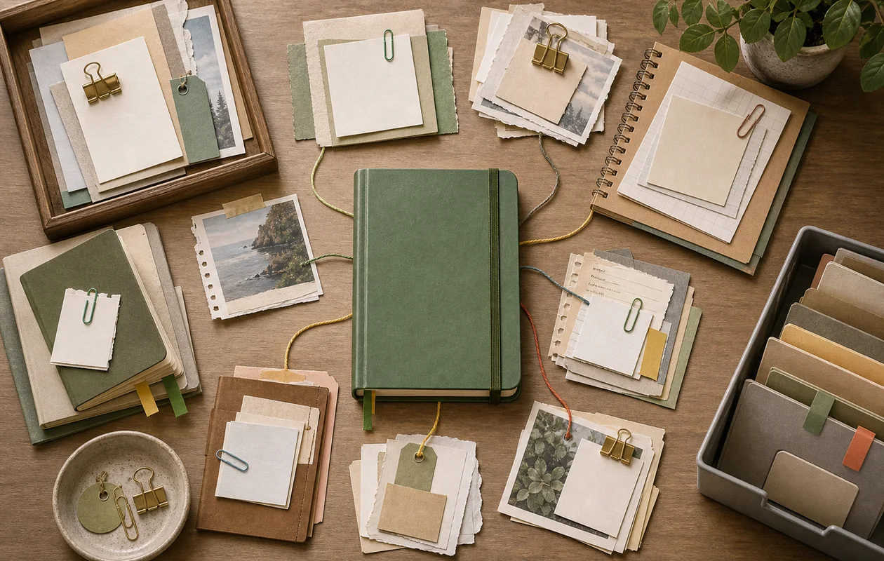 Illustration zu Evernote: Notizen, Karten und Fundstuecke werden in einem geordneten Archiv gesammelt