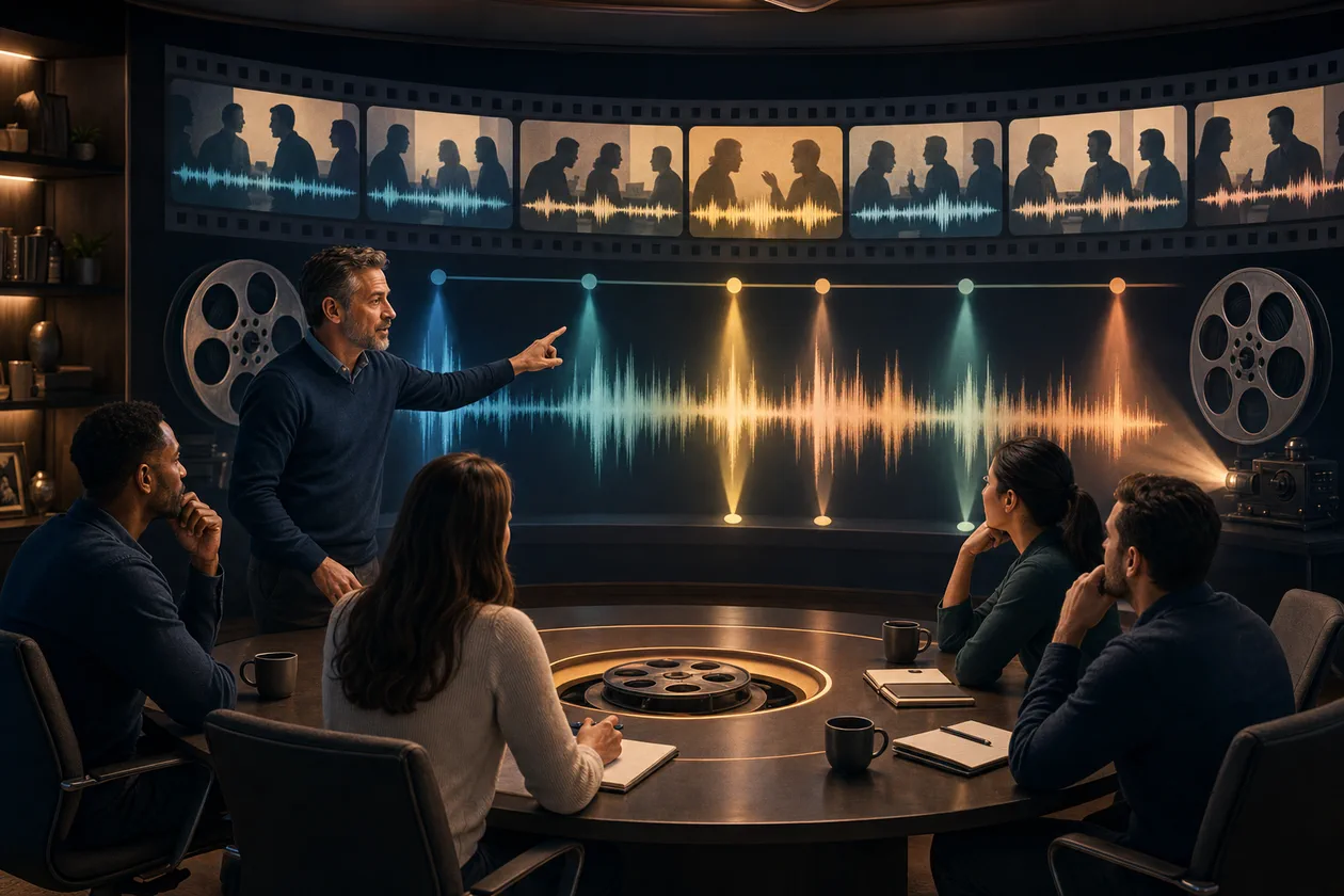 Illustration zu ExecVision: Sales-Team analysiert Gespraechsmomente in einem Coaching-Raum