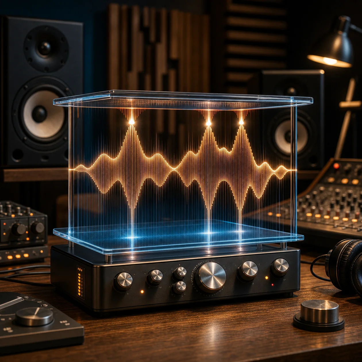 Illustration for FabFilter Pro-L 2: mastering studio with a limited light waveform between glass plates