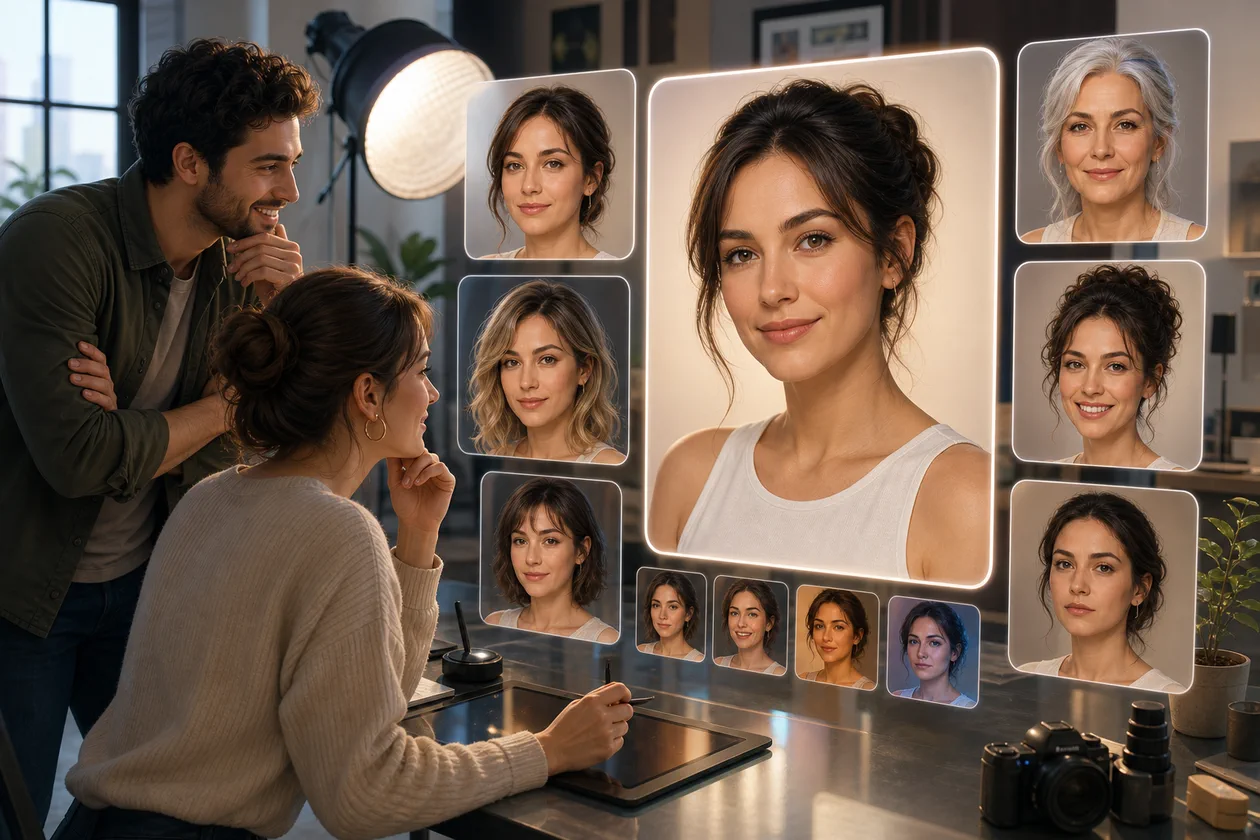 Illustration for FaceApp: portrait studio shows generic variants for lighting, age, and expression