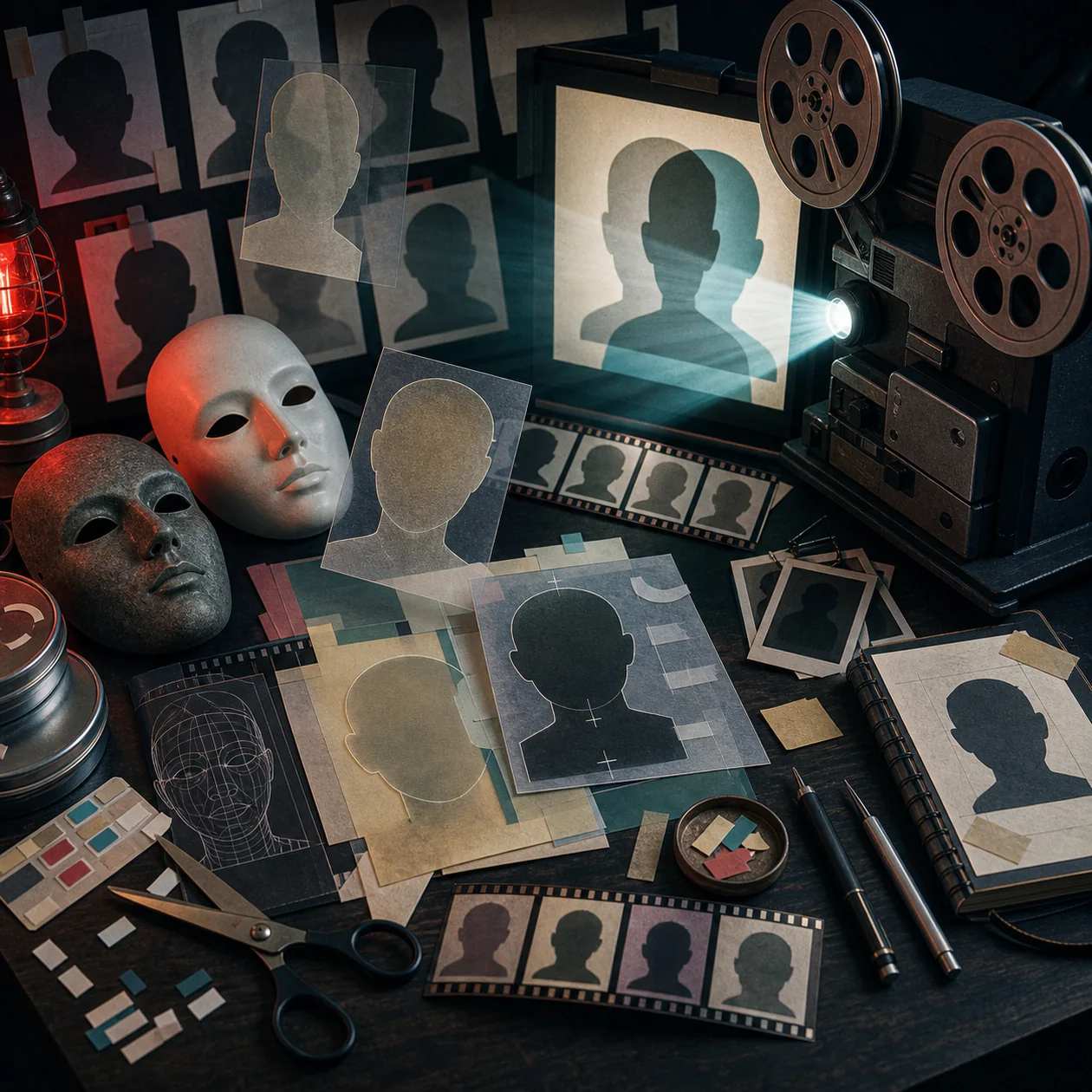 Illustration for FaceSwap: darkroom with anonymous masks and interchangeable film layers