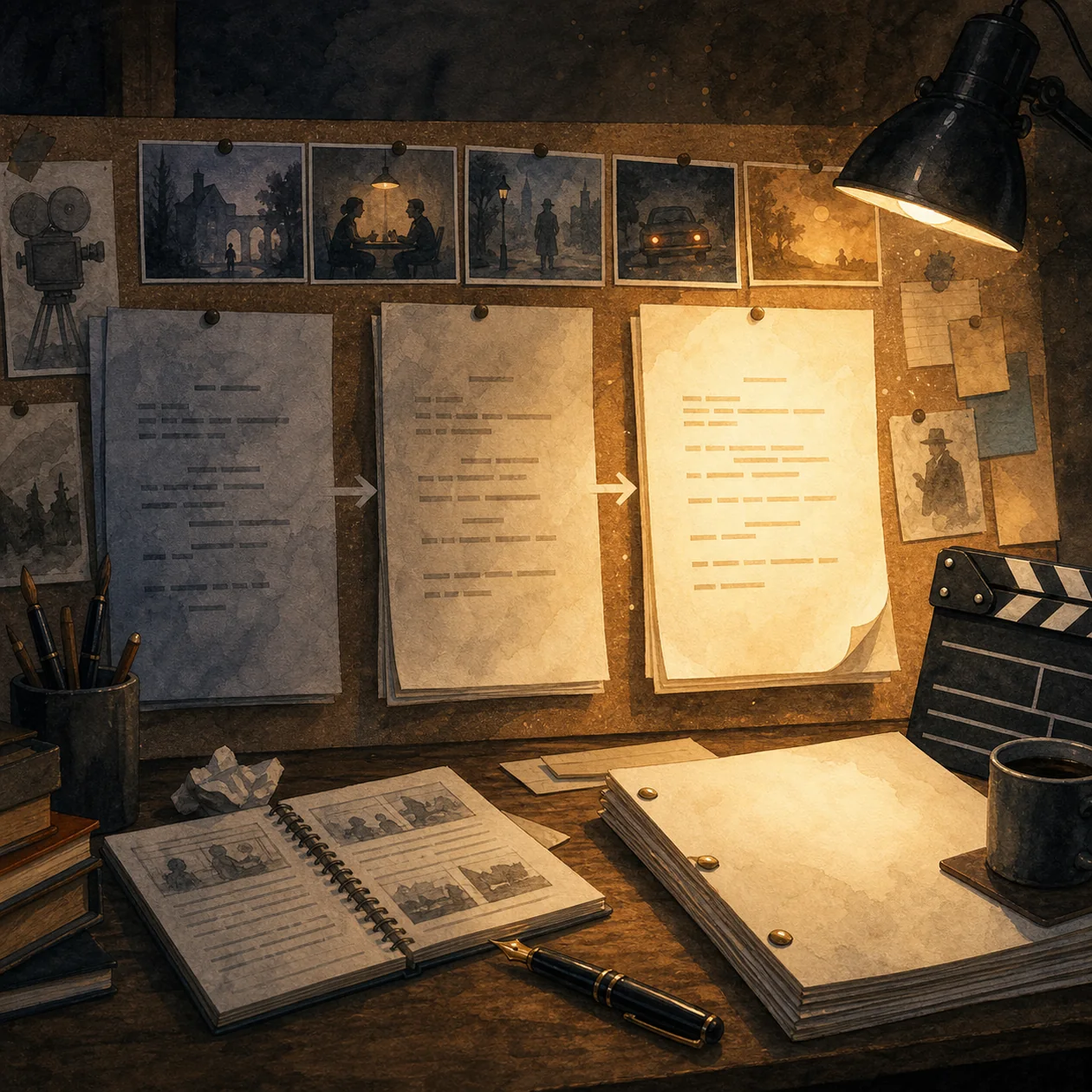 Illustration for Fade In: screenwriting studio with pages, scene cards, and soft stage light