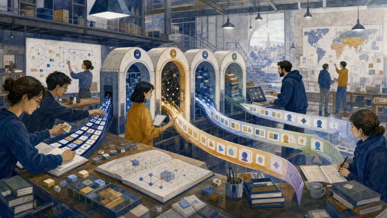 Illustration for Fairseq: language model workshop with sentence ribbons and training stations