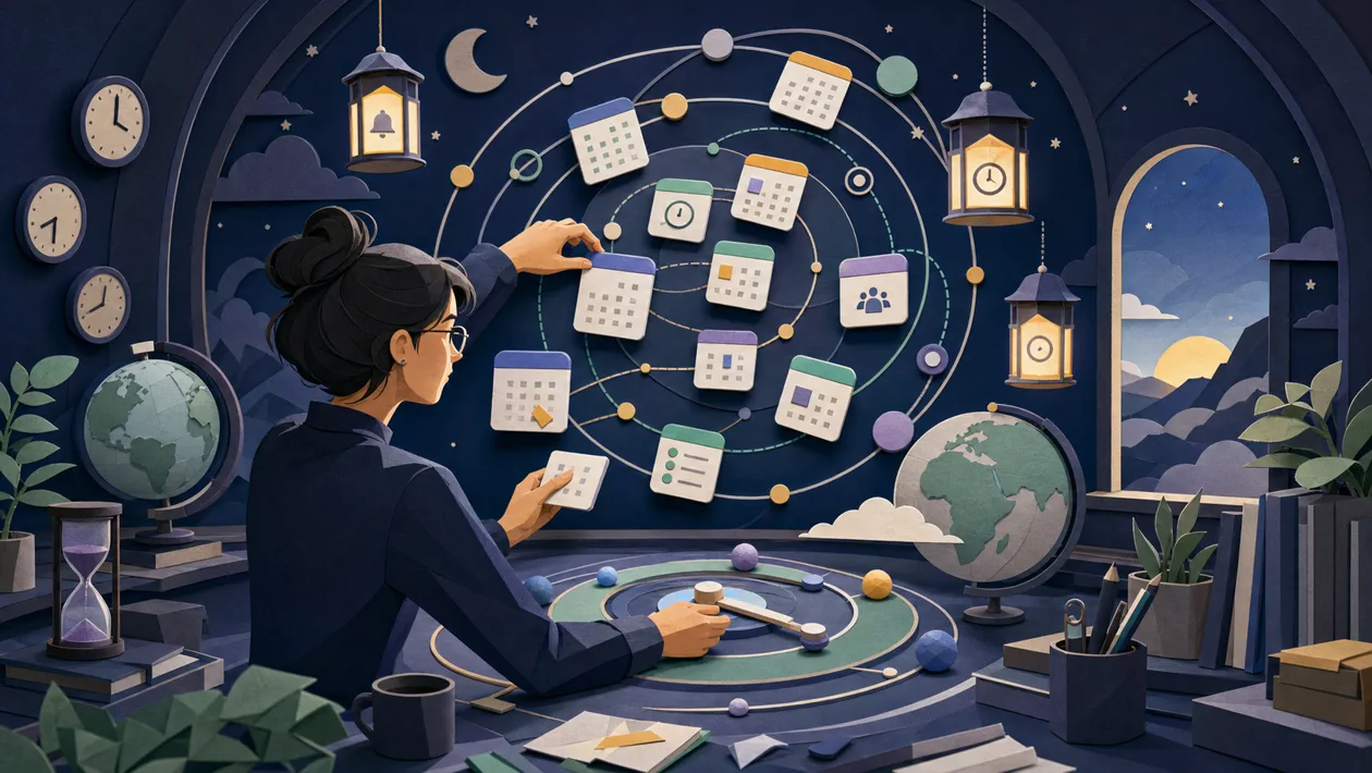 Illustration for Fantastical: calendar tiles and schedule overview in a time observatory